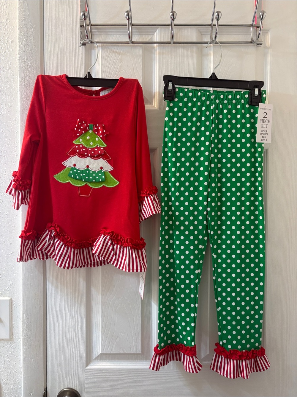 Rare Editions Red Christmas Tree Top with Green Polka Dot Pants NWT Size 6